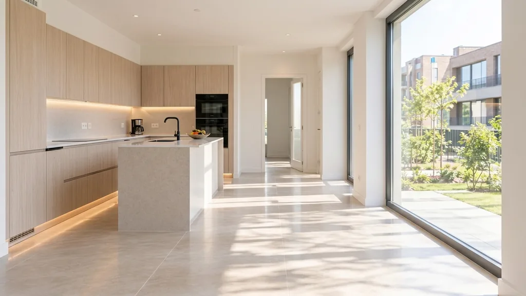 Opleveringsschoonmaak Dordrecht: lege, schone nieuwbouwwoning met open keuken en grote raampartij